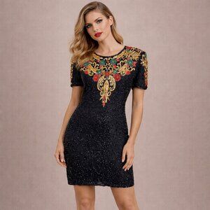 Vintage Scala Silk Beaded Dress S Floral Black Gold Gatsby 80s Cocktail Glam